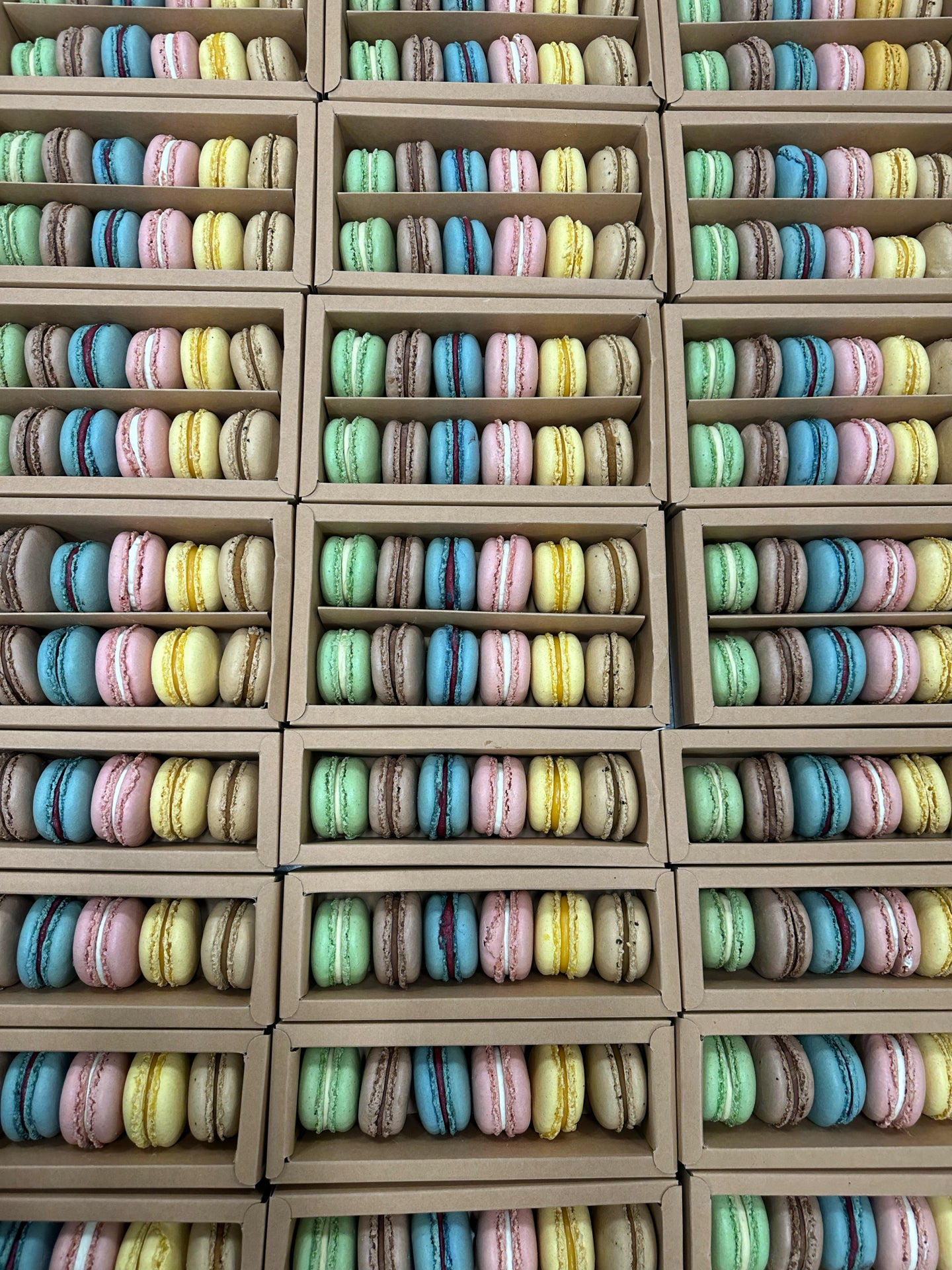 Margar öskjur af frönskum makkarónum í grænum, brúnum, bláum, bleikjum og ljósbrúnum lit.