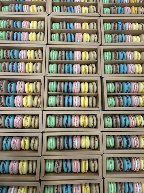 Margar öskjur af frönskum makkarónum í grænum, brúnum, bláum, bleikjum og ljósbrúnum lit.